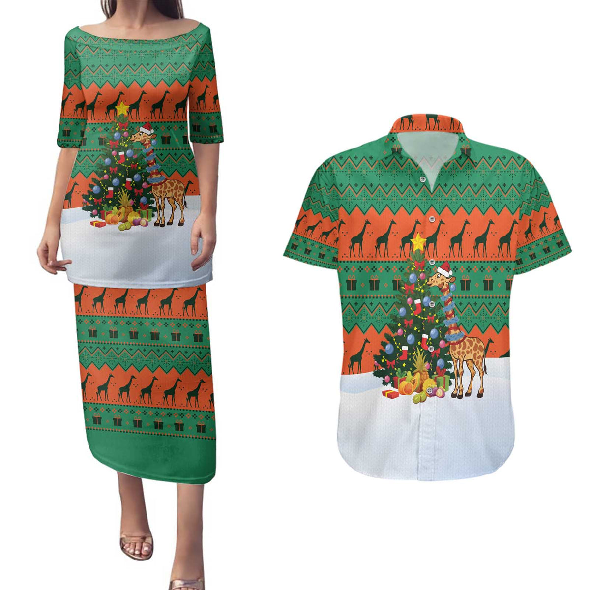 Giraffes Decorating Tree Gifts Couples Matching Puletasi and Hawaiian Shirt with Orange Green Holiday Pattern Design - Wonder Print Shop