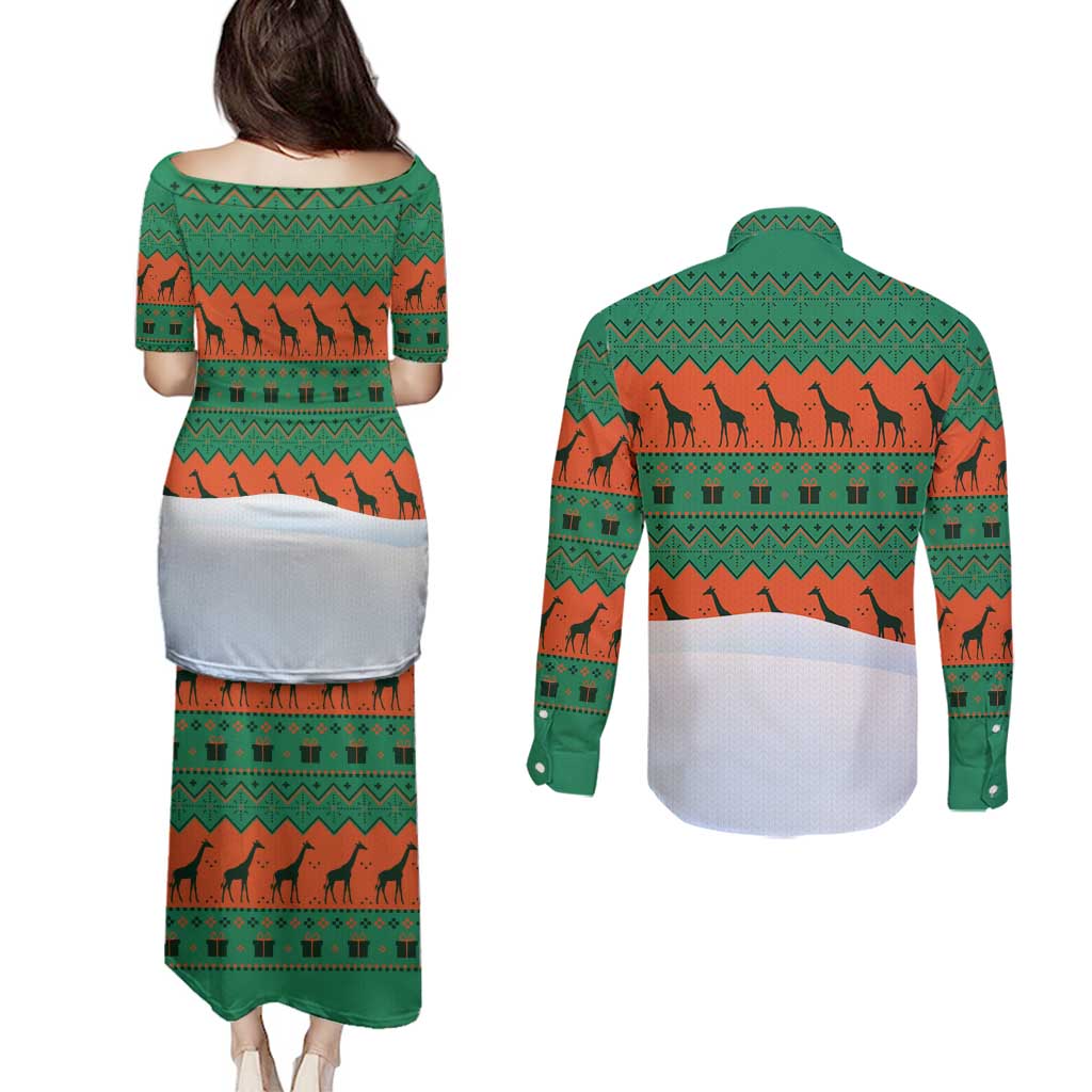 Giraffes Decorating Tree Gifts Couples Matching Puletasi and Long Sleeve Button Shirt with Orange Green Holiday Pattern Design - Wonder Print Shop