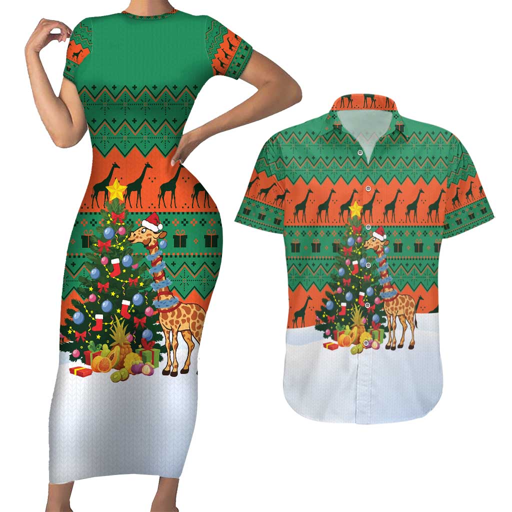 Giraffes Decorating Tree Gifts Couples Matching Short Sleeve Bodycon Dress and Hawaiian Shirt with Orange Green Holiday Pattern Design - Wonder Print Shop