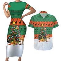 Giraffes Decorating Tree Gifts Couples Matching Short Sleeve Bodycon Dress and Hawaiian Shirt with Orange Green Holiday Pattern Design - Wonder Print Shop