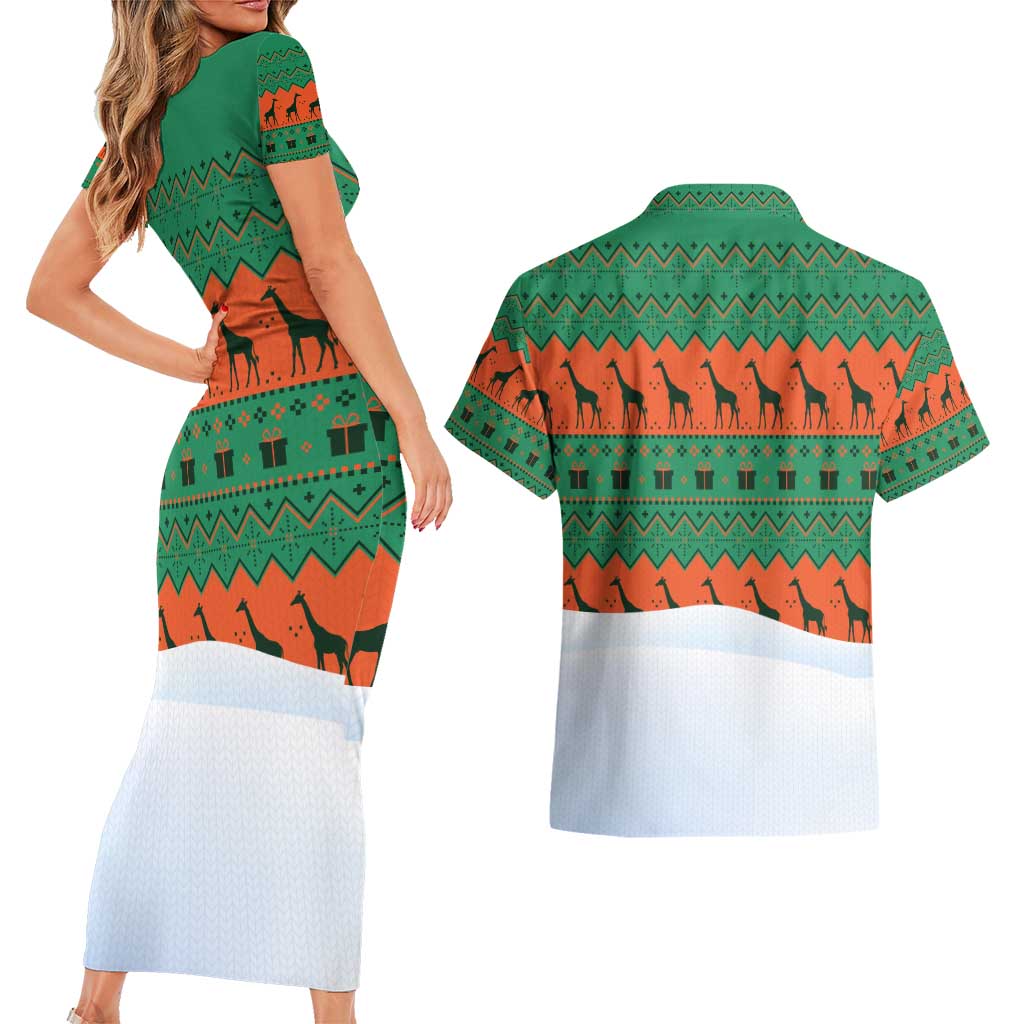 Giraffes Decorating Tree Gifts Couples Matching Short Sleeve Bodycon Dress and Hawaiian Shirt with Orange Green Holiday Pattern Design - Wonder Print Shop