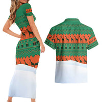 Giraffes Decorating Tree Gifts Couples Matching Short Sleeve Bodycon Dress and Hawaiian Shirt with Orange Green Holiday Pattern Design - Wonder Print Shop