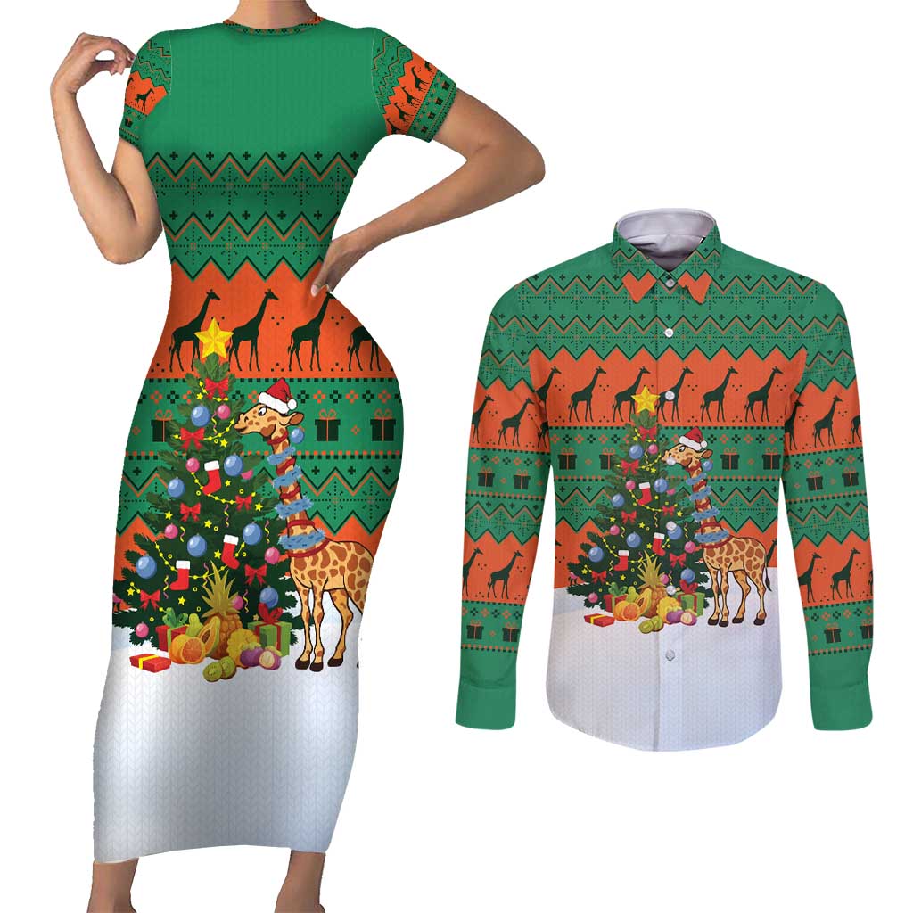 Giraffes Decorating Tree Gifts Couples Matching Short Sleeve Bodycon Dress and Long Sleeve Button Shirt with Orange Green Holiday Pattern Design - Wonder Print Shop