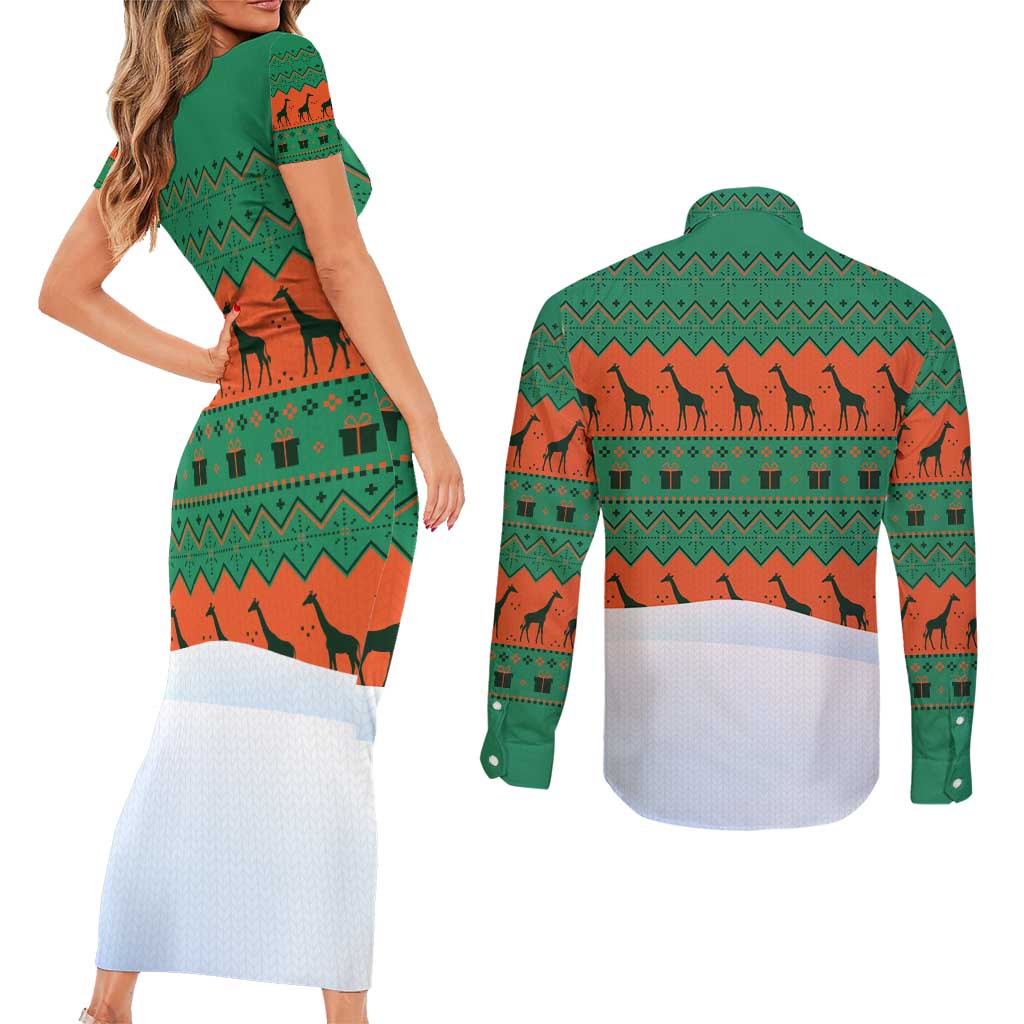 Giraffes Decorating Tree Gifts Couples Matching Short Sleeve Bodycon Dress and Long Sleeve Button Shirt with Orange Green Holiday Pattern Design - Wonder Print Shop