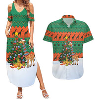 Giraffes Decorating Tree Gifts Couples Matching Summer Maxi Dress and Hawaiian Shirt with Orange Green Holiday Pattern Design - Wonder Print Shop