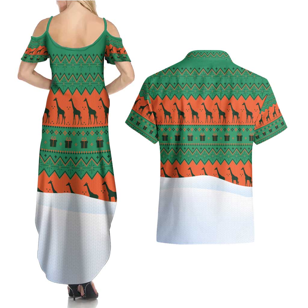 Giraffes Decorating Tree Gifts Couples Matching Summer Maxi Dress and Hawaiian Shirt with Orange Green Holiday Pattern Design - Wonder Print Shop