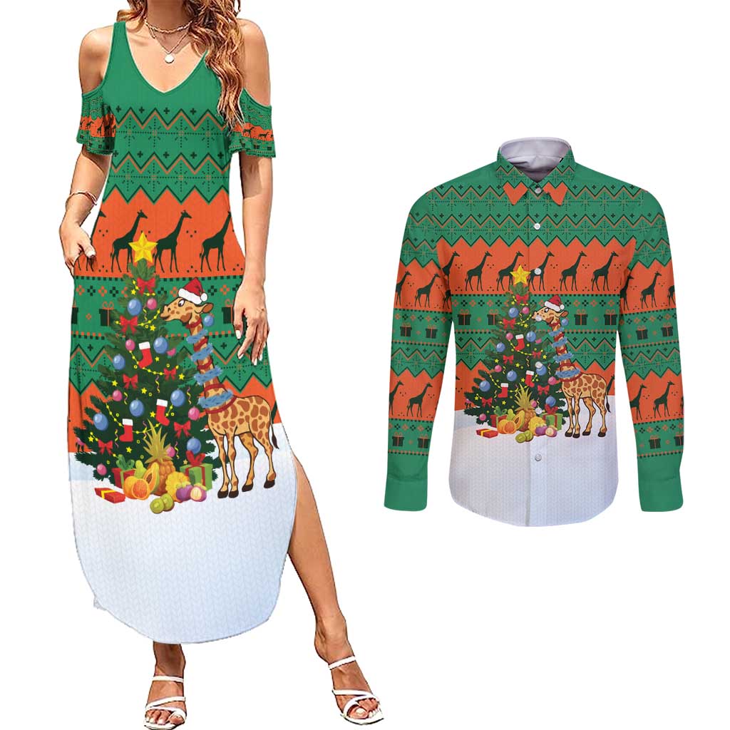 Giraffes Decorating Tree Gifts Couples Matching Summer Maxi Dress and Long Sleeve Button Shirt with Orange Green Holiday Pattern Design - Wonder Print Shop