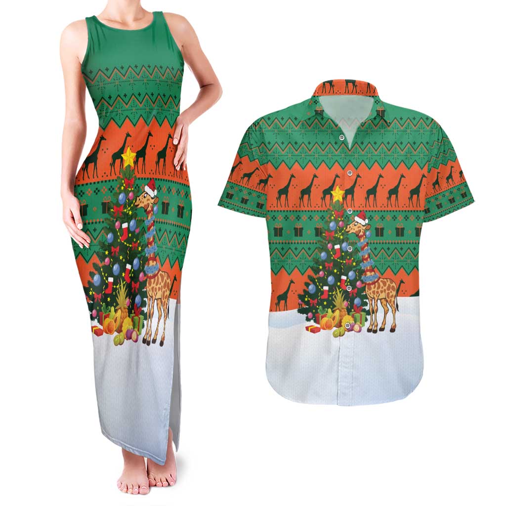 Giraffes Decorating Tree Gifts Couples Matching Tank Maxi Dress and Hawaiian Shirt with Orange Green Holiday Pattern Design - Wonder Print Shop