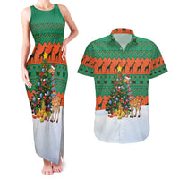 Giraffes Decorating Tree Gifts Couples Matching Tank Maxi Dress and Hawaiian Shirt with Orange Green Holiday Pattern Design - Wonder Print Shop