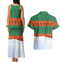 Giraffes Decorating Tree Gifts Couples Matching Tank Maxi Dress and Hawaiian Shirt with Orange Green Holiday Pattern Design - Wonder Print Shop