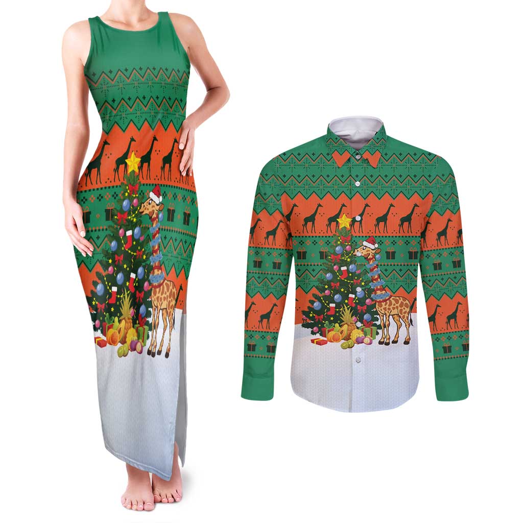 Giraffes Decorating Tree Gifts Couples Matching Tank Maxi Dress and Long Sleeve Button Shirt with Orange Green Holiday Pattern Design - Wonder Print Shop