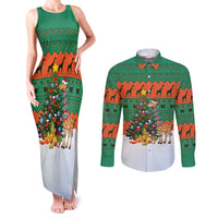 Giraffes Decorating Tree Gifts Couples Matching Tank Maxi Dress and Long Sleeve Button Shirt with Orange Green Holiday Pattern Design - Wonder Print Shop