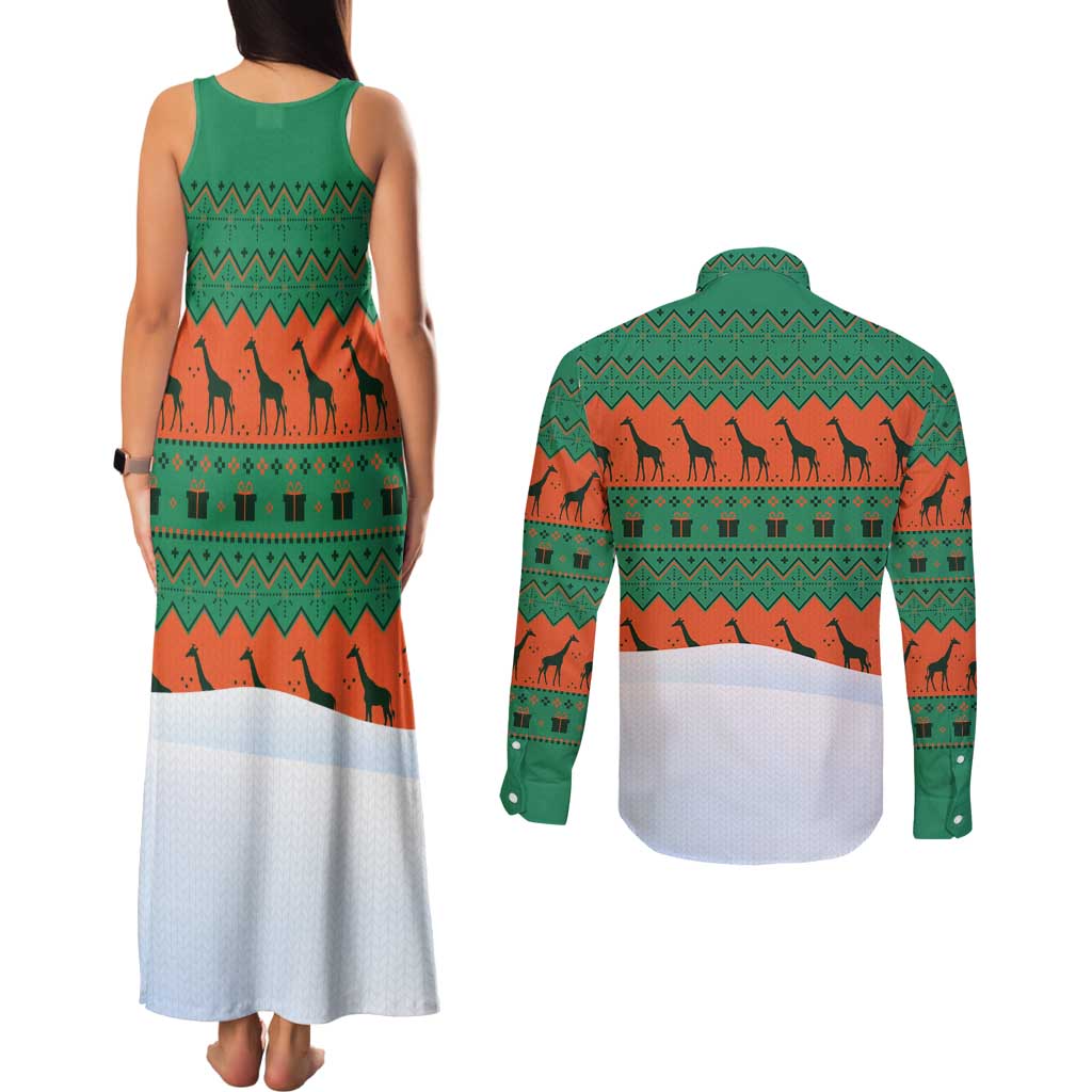 Giraffes Decorating Tree Gifts Couples Matching Tank Maxi Dress and Long Sleeve Button Shirt with Orange Green Holiday Pattern Design - Wonder Print Shop