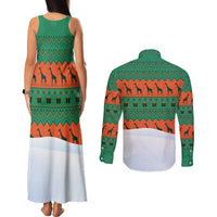 Giraffes Decorating Tree Gifts Couples Matching Tank Maxi Dress and Long Sleeve Button Shirt with Orange Green Holiday Pattern Design - Wonder Print Shop
