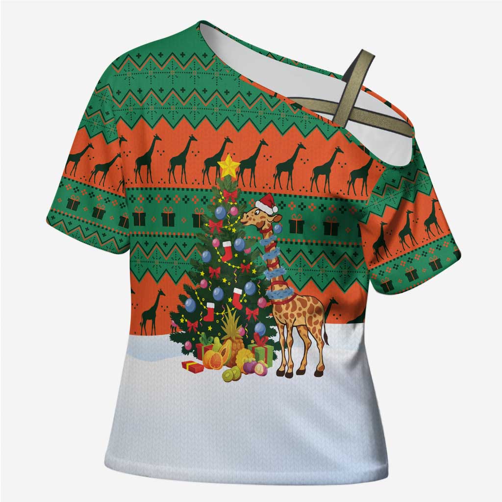 Giraffes Decorating Tree Gifts Cross Shoulder Shirt with Orange Green Holiday Pattern Design - Wonder Print Shop