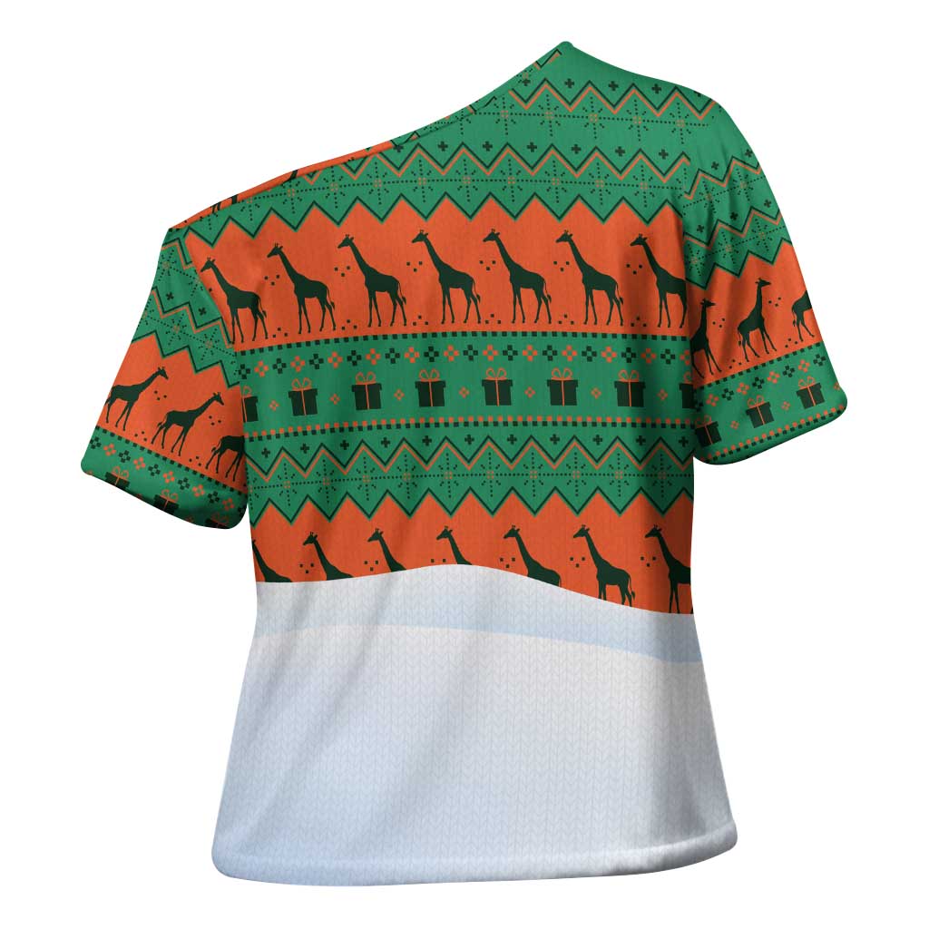 Giraffes Decorating Tree Gifts Cross Shoulder Shirt with Orange Green Holiday Pattern Design - Wonder Print Shop