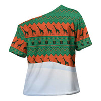 Giraffes Decorating Tree Gifts Cross Shoulder Shirt with Orange Green Holiday Pattern Design - Wonder Print Shop