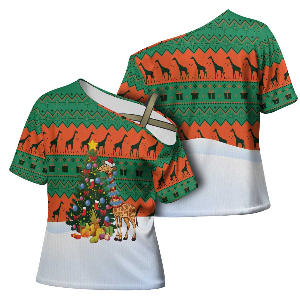Giraffes Decorating Tree Gifts Cross Shoulder Shirt with Orange Green Holiday Pattern Design - Wonder Print Shop