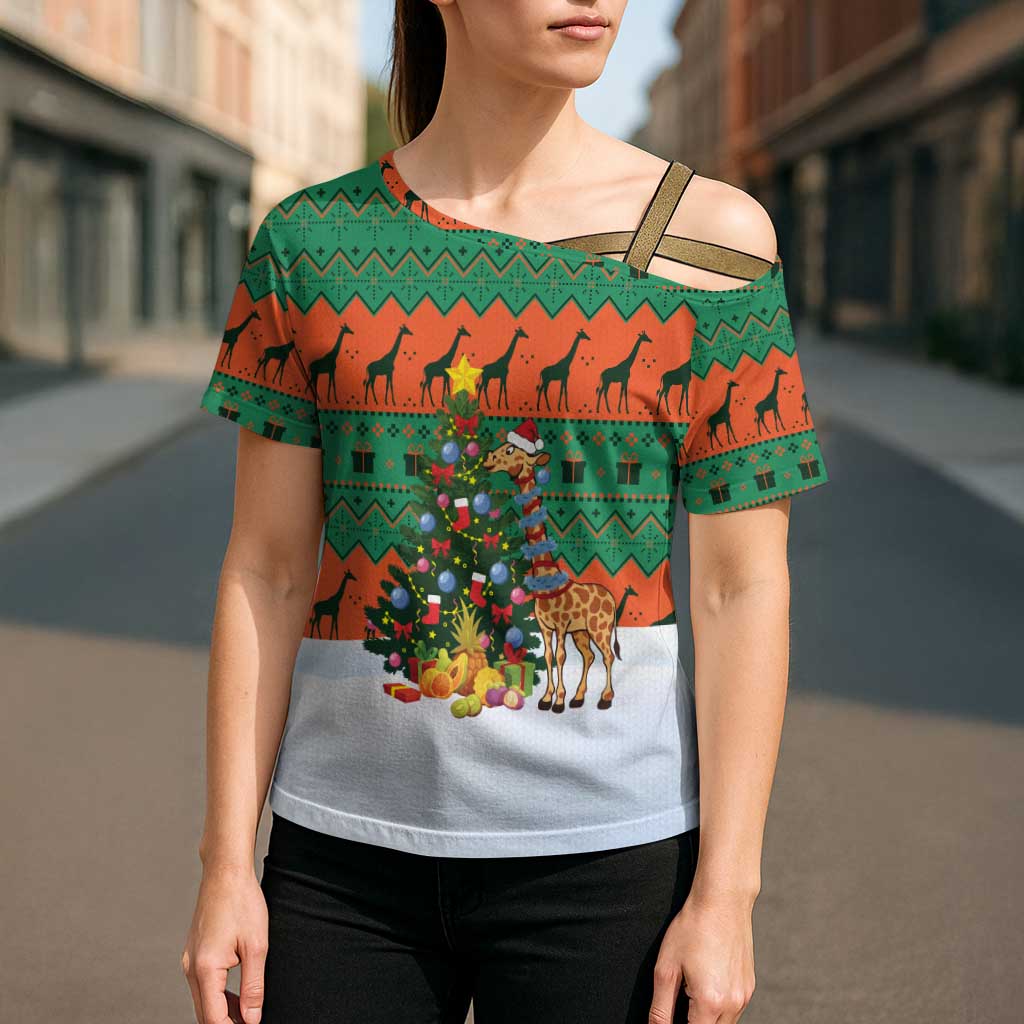Giraffes Decorating Tree Gifts Cross Shoulder Shirt with Orange Green Holiday Pattern Design - Wonder Print Shop
