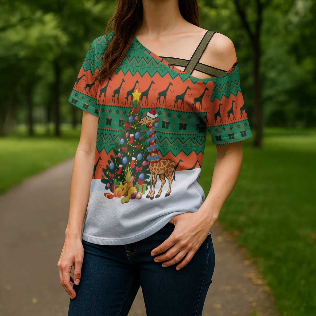 Giraffes Decorating Tree Gifts Cross Shoulder Shirt with Orange Green Holiday Pattern Design - Wonder Print Shop