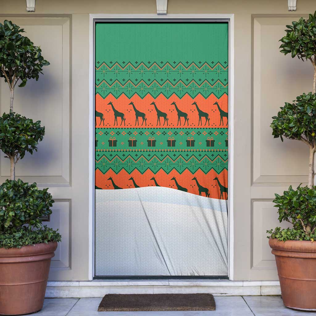 Giraffes Decorating Tree Gifts Door Cover with Orange Green Holiday Pattern Design - Wonder Print Shop