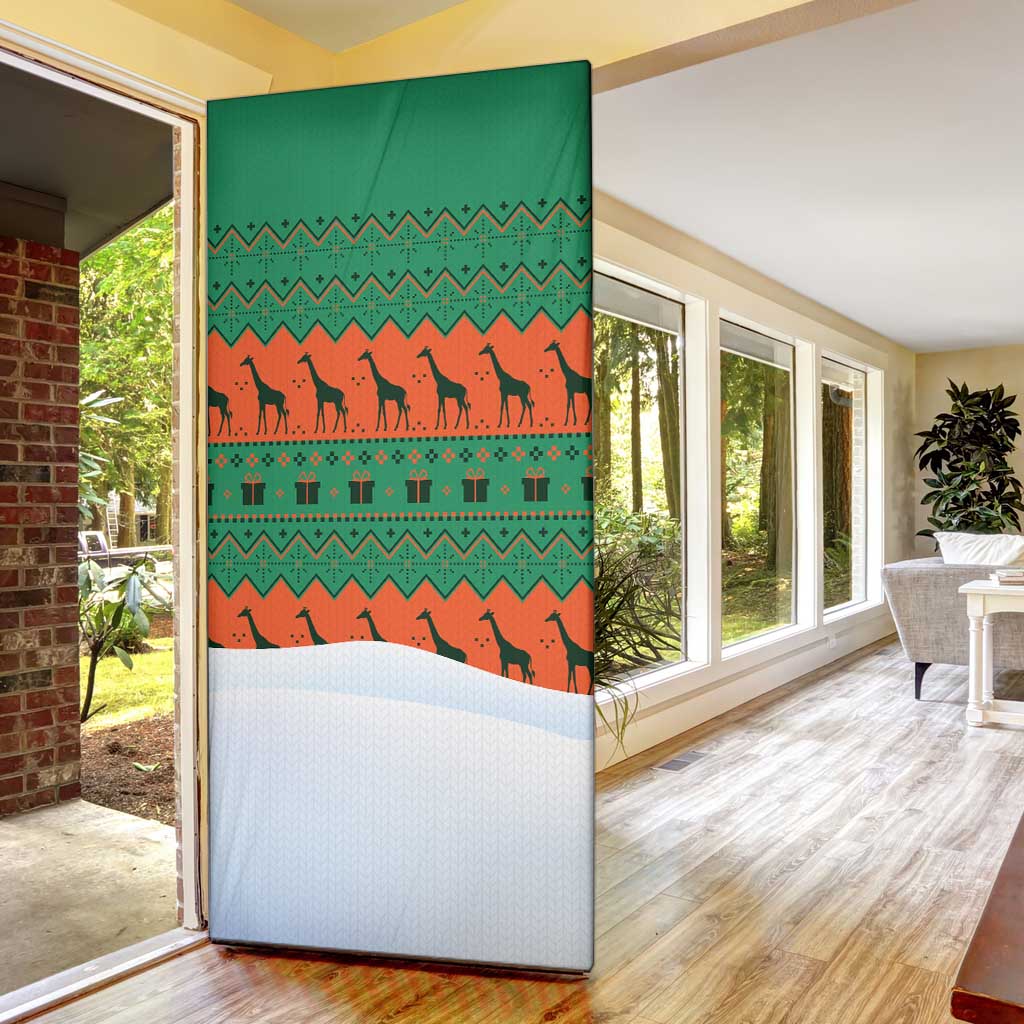 Giraffes Decorating Tree Gifts Door Cover with Orange Green Holiday Pattern Design - Wonder Print Shop
