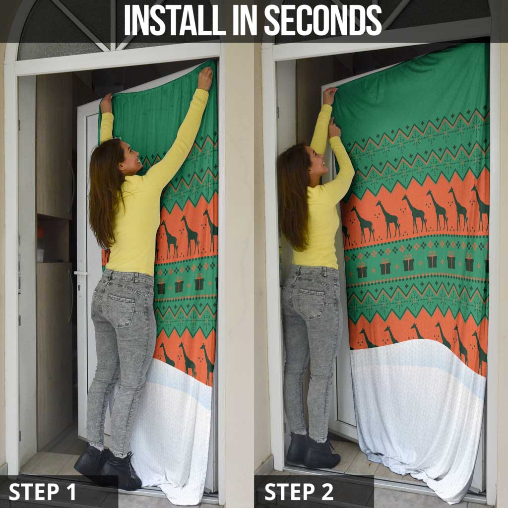 Giraffes Decorating Tree Gifts Door Cover with Orange Green Holiday Pattern Design - Wonder Print Shop