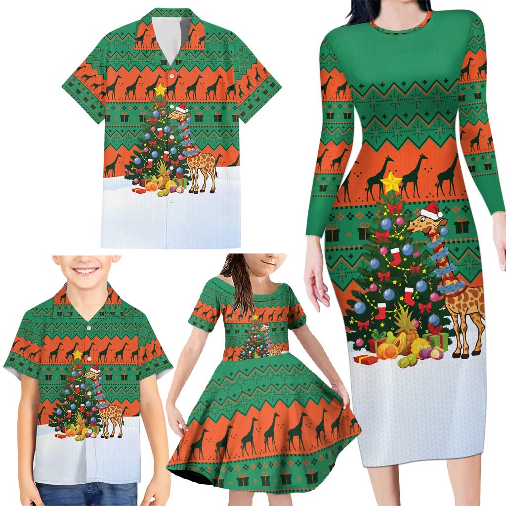 Giraffes Decorating Tree Gifts Family Matching Long Sleeve Bodycon Dress and Hawaiian Shirt with Orange Green Holiday Pattern Design - Wonder Print Shop