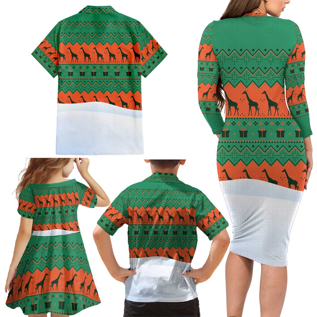Giraffes Decorating Tree Gifts Family Matching Long Sleeve Bodycon Dress and Hawaiian Shirt with Orange Green Holiday Pattern Design - Wonder Print Shop