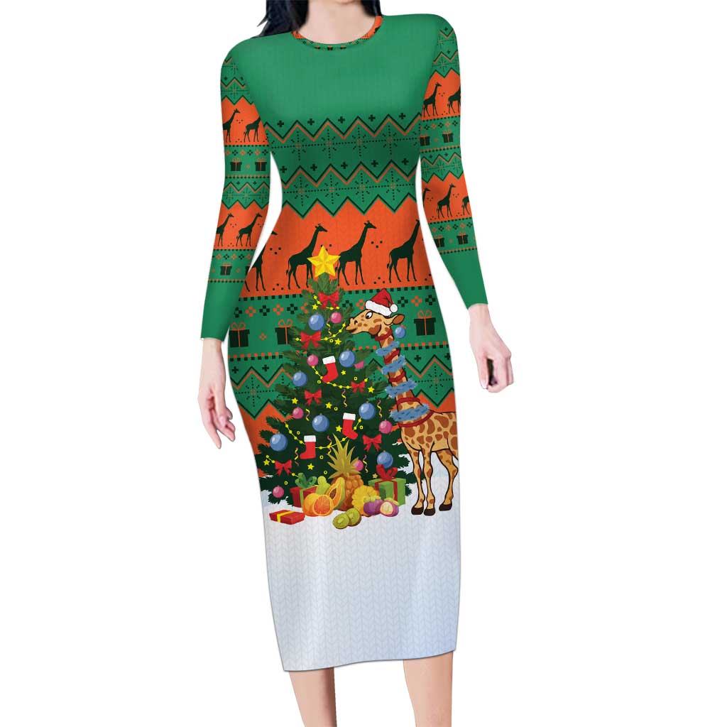 Giraffes Decorating Tree Gifts Family Matching Long Sleeve Bodycon Dress and Hawaiian Shirt with Orange Green Holiday Pattern Design - Wonder Print Shop