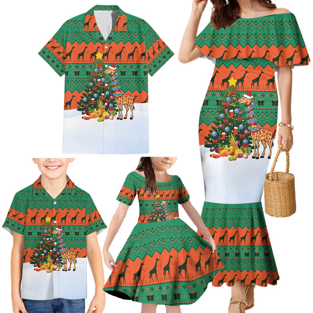 Giraffes Decorating Tree Gifts Family Matching Mermaid Dress and Hawaiian Shirt with Orange Green Holiday Pattern Design - Wonder Print Shop