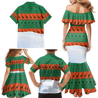 Giraffes Decorating Tree Gifts Family Matching Mermaid Dress and Hawaiian Shirt with Orange Green Holiday Pattern Design - Wonder Print Shop