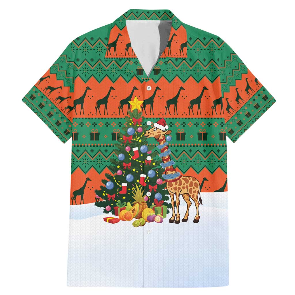Giraffes Decorating Tree Gifts Family Matching Mermaid Dress and Hawaiian Shirt with Orange Green Holiday Pattern Design - Wonder Print Shop