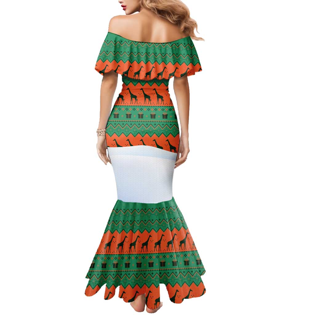 Giraffes Decorating Tree Gifts Family Matching Mermaid Dress and Hawaiian Shirt with Orange Green Holiday Pattern Design - Wonder Print Shop