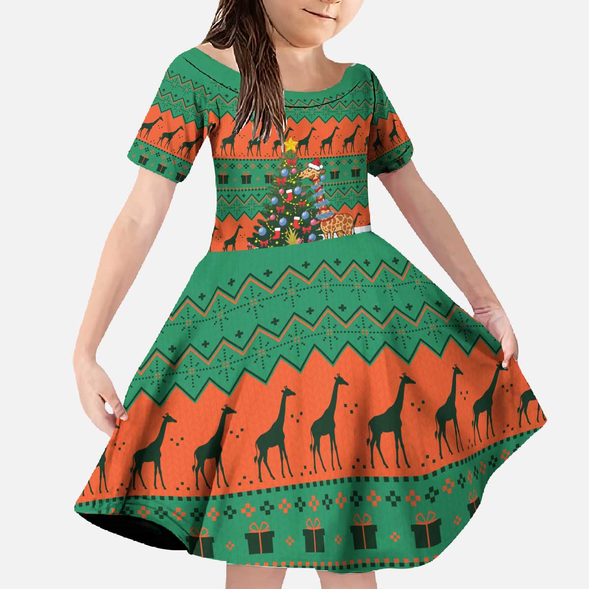 Giraffes Decorating Tree Gifts Family Matching Off The Shoulder Long Sleeve Dress and Hawaiian Shirt with Orange Green Holiday Pattern Design - Wonder Print Shop