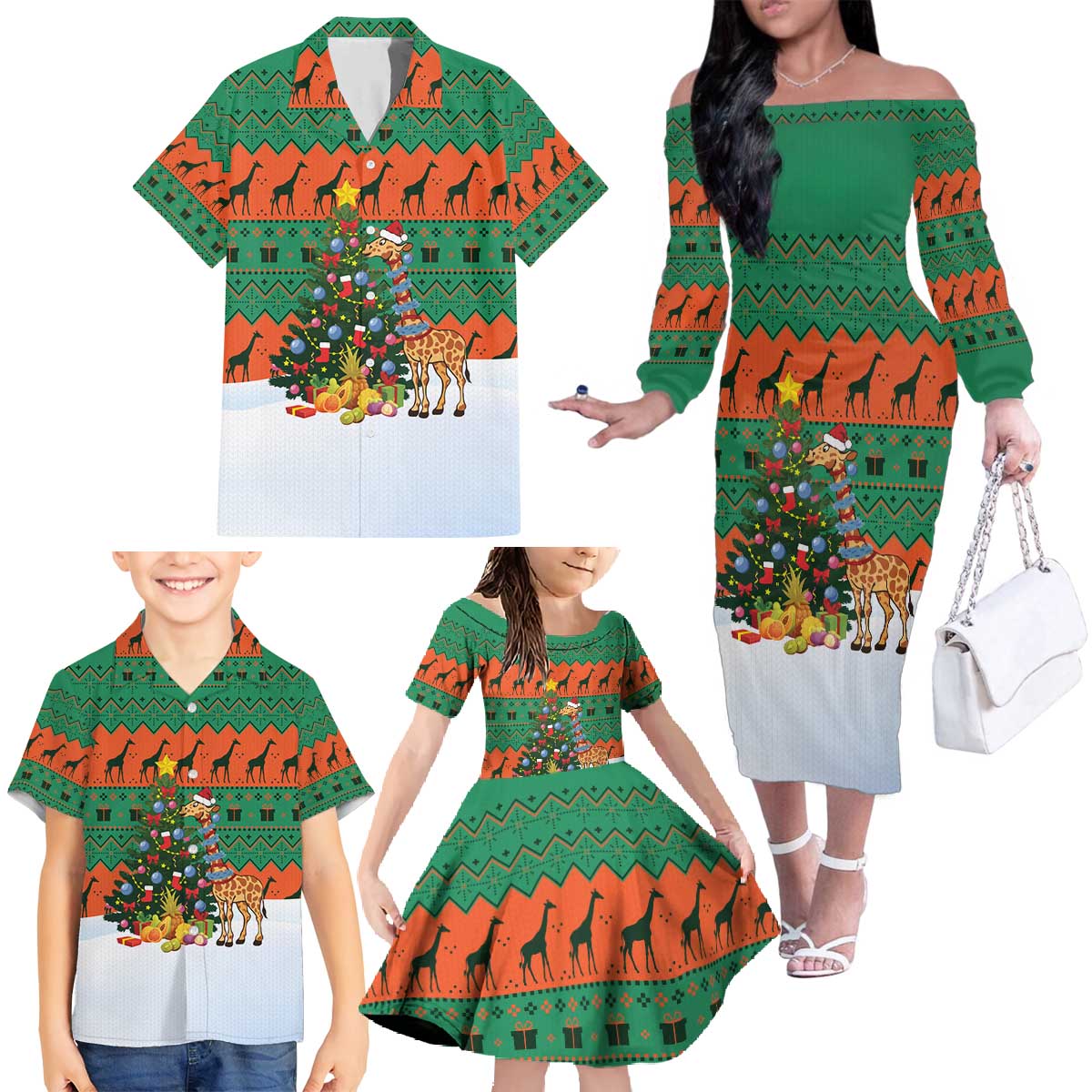 Giraffes Decorating Tree Gifts Family Matching Off The Shoulder Long Sleeve Dress and Hawaiian Shirt with Orange Green Holiday Pattern Design - Wonder Print Shop