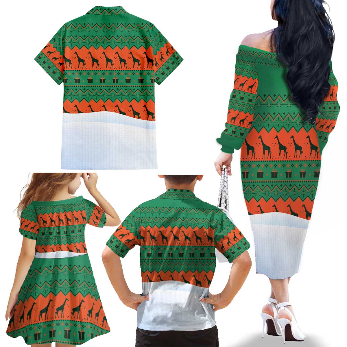 Giraffes Decorating Tree Gifts Family Matching Off The Shoulder Long Sleeve Dress and Hawaiian Shirt with Orange Green Holiday Pattern Design - Wonder Print Shop