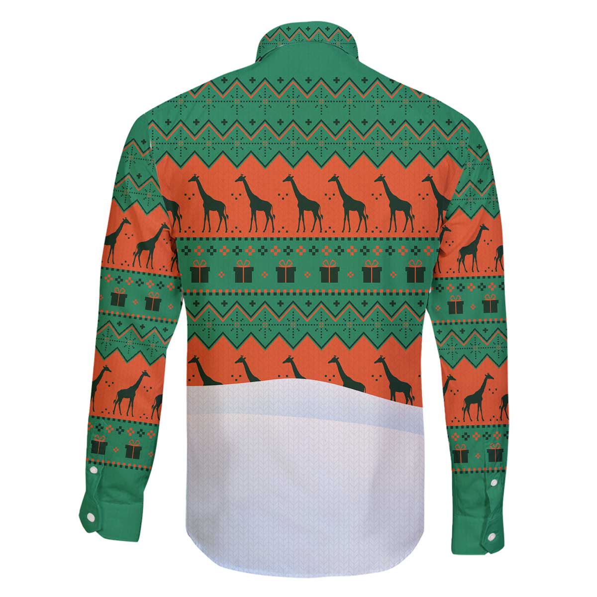 Giraffes Decorating Tree Gifts Family Matching Off The Shoulder Long Sleeve Dress and Hawaiian Shirt with Orange Green Holiday Pattern Design - Wonder Print Shop