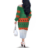 Giraffes Decorating Tree Gifts Family Matching Off The Shoulder Long Sleeve Dress and Hawaiian Shirt with Orange Green Holiday Pattern Design - Wonder Print Shop
