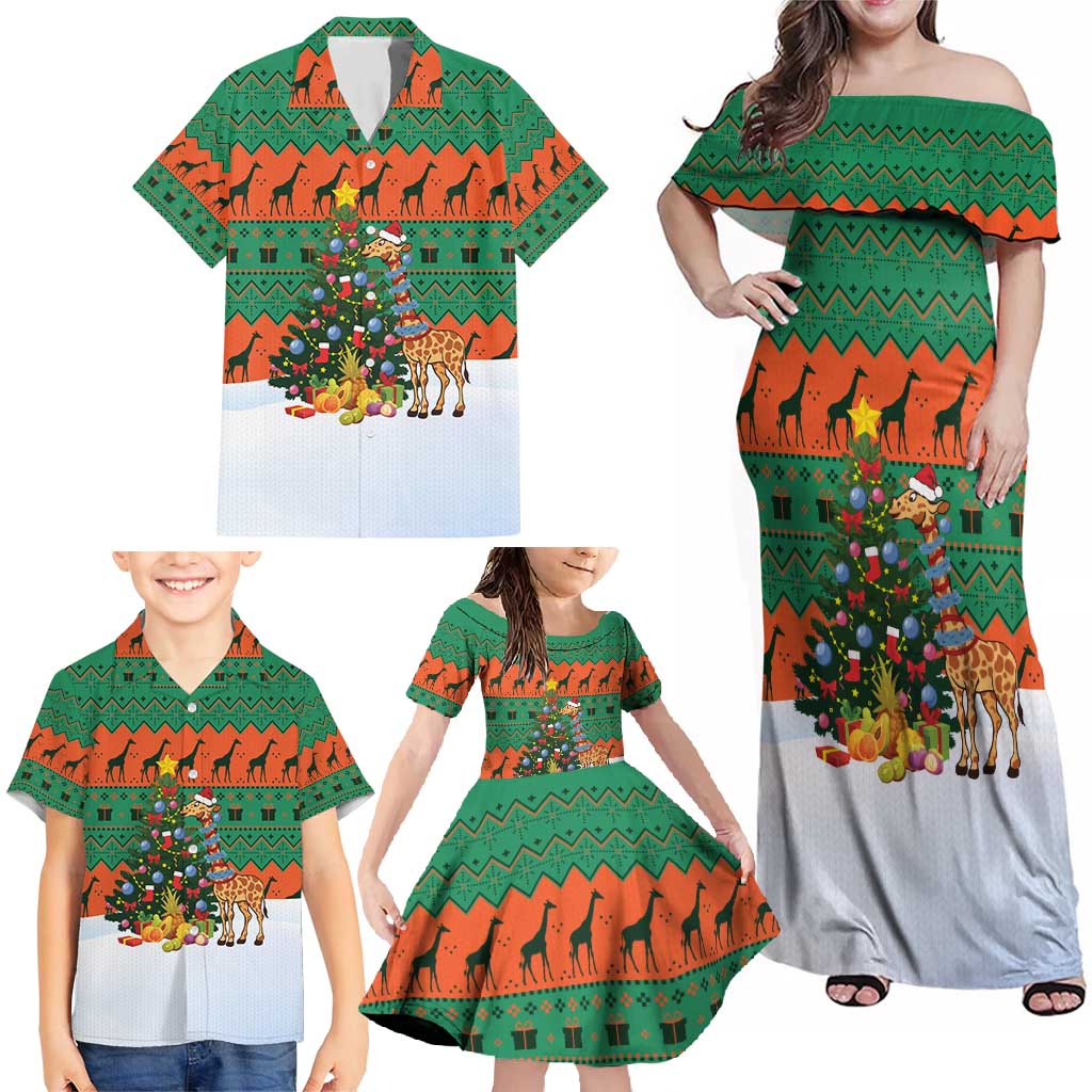 Giraffes Decorating Tree Gifts Family Matching Off Shoulder Maxi Dress and Hawaiian Shirt with Orange Green Holiday Pattern Design - Wonder Print Shop