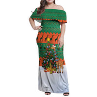 Giraffes Decorating Tree Gifts Family Matching Off Shoulder Maxi Dress and Hawaiian Shirt with Orange Green Holiday Pattern Design - Wonder Print Shop