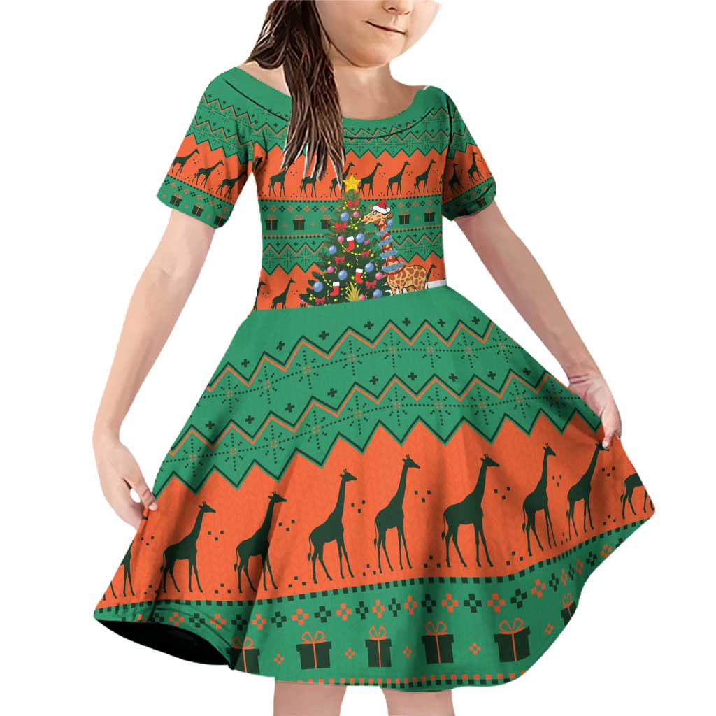 Giraffes Decorating Tree Gifts Family Matching Off Shoulder Short Dress and Hawaiian Shirt with Orange Green Holiday Pattern Design - Wonder Print Shop