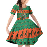 Giraffes Decorating Tree Gifts Family Matching Off Shoulder Short Dress and Hawaiian Shirt with Orange Green Holiday Pattern Design - Wonder Print Shop