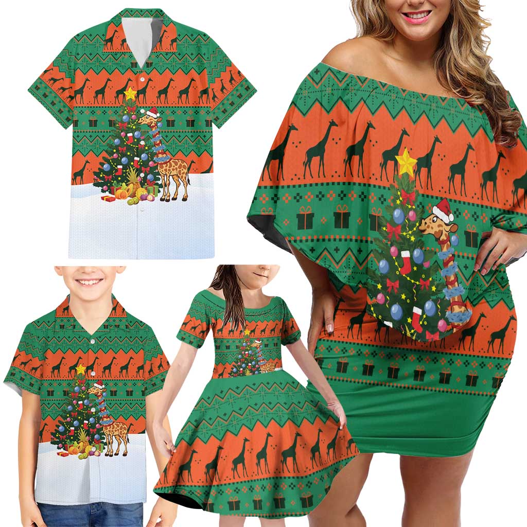 Giraffes Decorating Tree Gifts Family Matching Off Shoulder Short Dress and Hawaiian Shirt with Orange Green Holiday Pattern Design - Wonder Print Shop