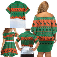 Giraffes Decorating Tree Gifts Family Matching Off Shoulder Short Dress and Hawaiian Shirt with Orange Green Holiday Pattern Design - Wonder Print Shop