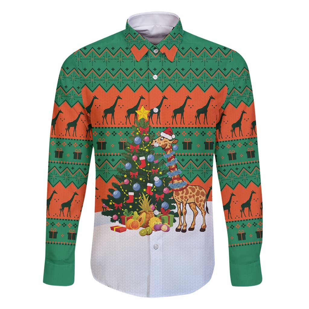 Giraffes Decorating Tree Gifts Family Matching Off Shoulder Short Dress and Hawaiian Shirt with Orange Green Holiday Pattern Design - Wonder Print Shop