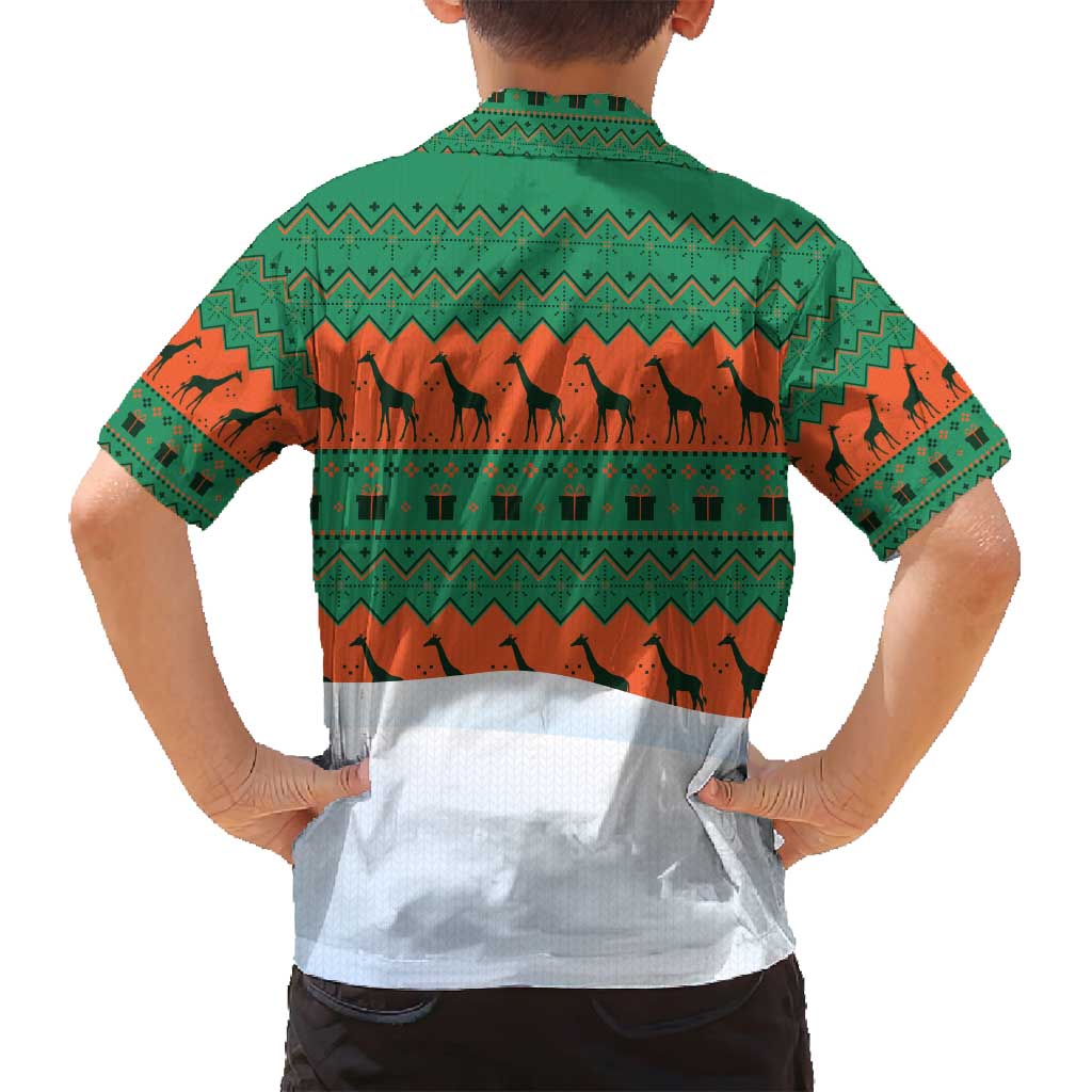 Giraffes Decorating Tree Gifts Family Matching Puletasi and Hawaiian Shirt with Orange Green Holiday Pattern Design - Wonder Print Shop