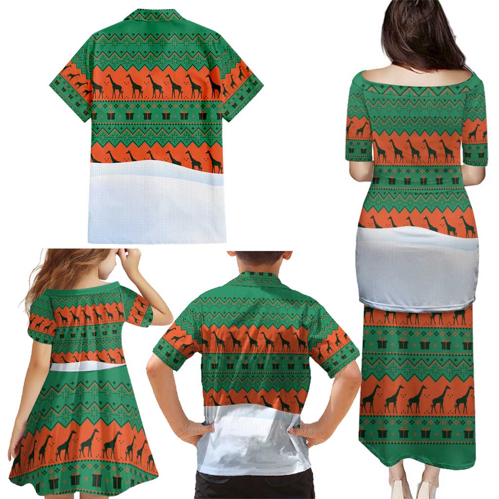 Giraffes Decorating Tree Gifts Family Matching Puletasi and Hawaiian Shirt with Orange Green Holiday Pattern Design - Wonder Print Shop