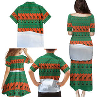 Giraffes Decorating Tree Gifts Family Matching Puletasi and Hawaiian Shirt with Orange Green Holiday Pattern Design - Wonder Print Shop