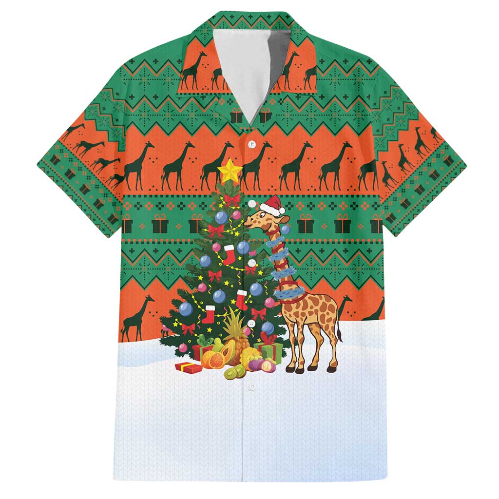 Giraffes Decorating Tree Gifts Family Matching Puletasi and Hawaiian Shirt with Orange Green Holiday Pattern Design - Wonder Print Shop